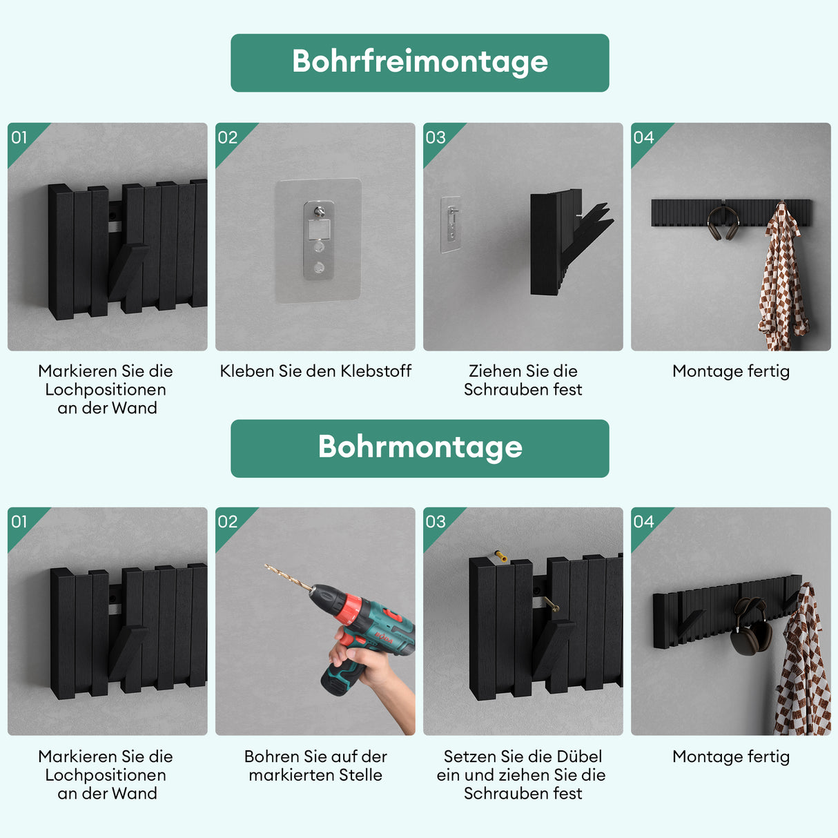 glasvilla Kleiderhaken Wandgarderobe Wandhaken aus Holz Garderobe mit 7 magnetischen Klapphaken Garderobenleiste Garderobenhaken Twigro-01
