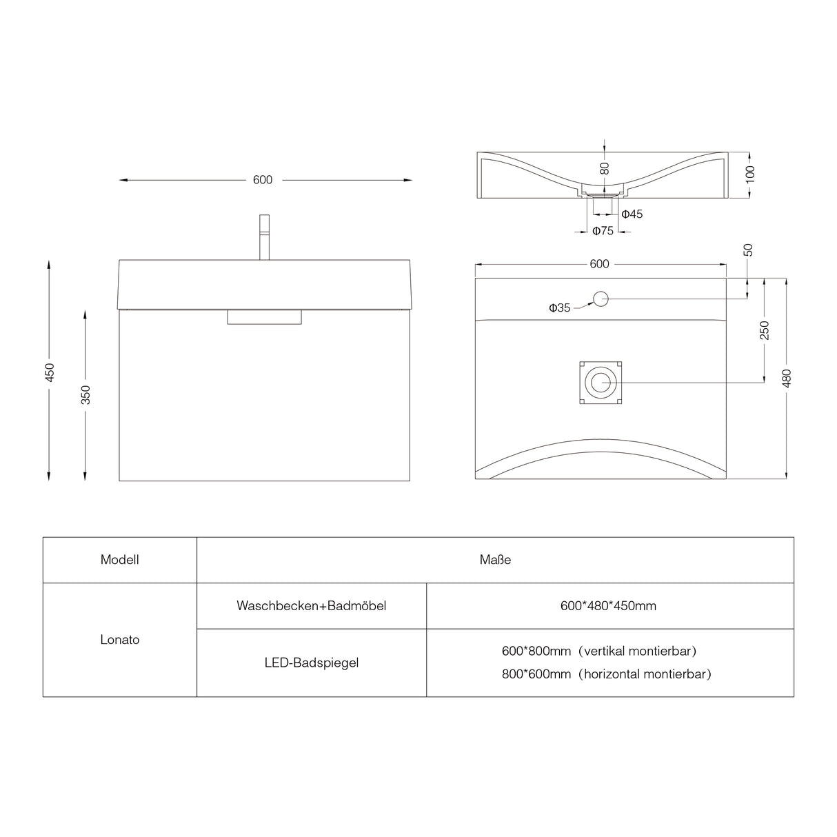 glasvilla Badmöbel-Set mit Soft-Close Schublade Wandmontage inkl. Waschbecken Lonato