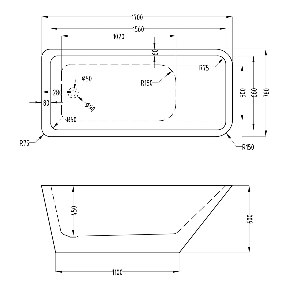 glasvilla Bañera Independiente Rectangular Acrílico Sanitario con Grifería Bañera de Pie
