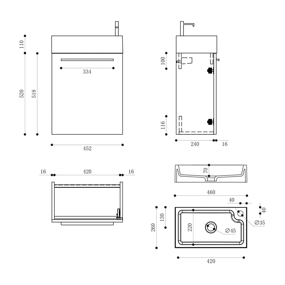 glasvilla Badmöbelset Kleiner Waschbeckenunterschrank 46 cm Unterschrank mit Weiß Waschschbecken aus Mineralguss für Gäste-WC Pisa