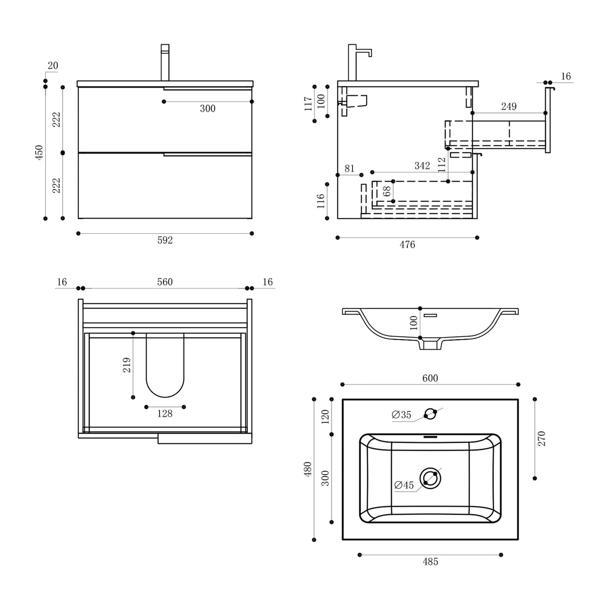 glasvilla Badmöbelset Unterschrank con lavabo mueble de baño 2 cajones lavabo mueble de baño Paestum