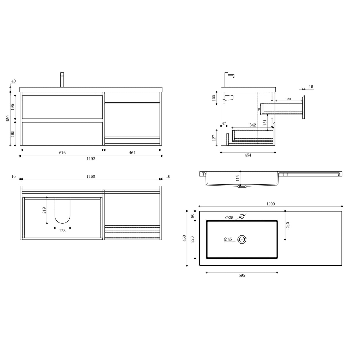 Ensemble de meubles de salle de bains Glasvilla comprenant un meuble vasque avec sous-vasque, meuble sous-vasque en fonte minérale 120 x 46 x 49 cm.