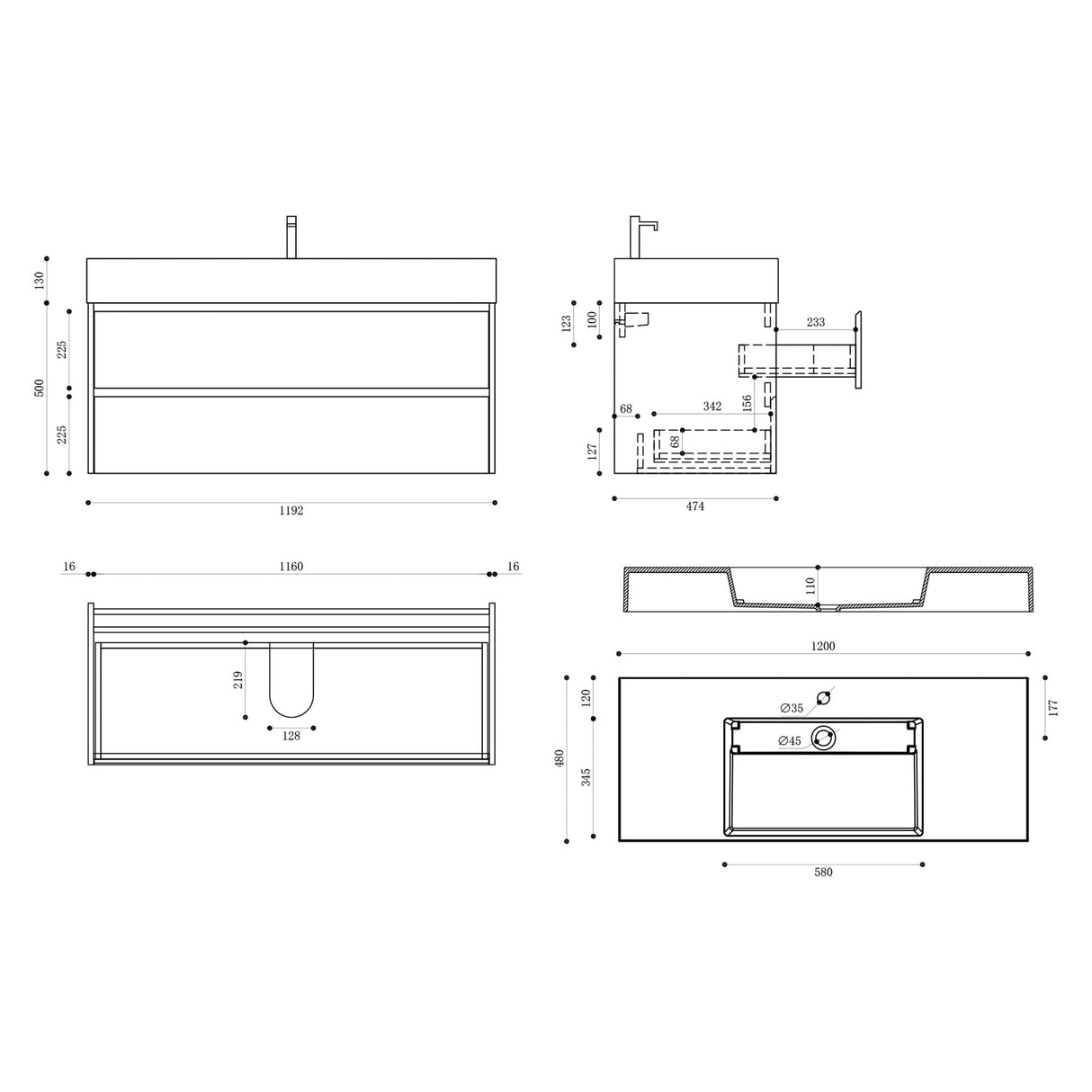 conjunto de muebles de baño glasvilla mueble bajo lavabo 120x48x63cm con 2 cajones incluido lavabo Deep