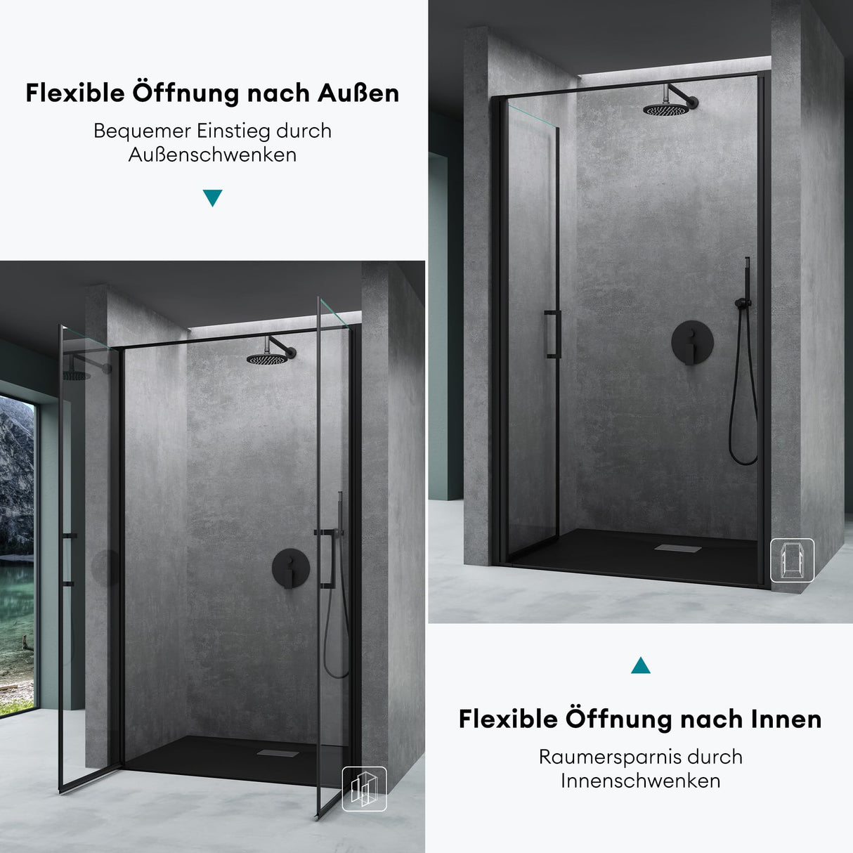 glasvilla Puerta de ducha Puerta de nicho ducha Separación de ducha Cromo y Negro Cabina de ducha Puerta oscilante 180° Doble puerta 8mm ESG Recubrimiento Nano Cristal transparente con mecanismo de elevación y descenso Teramo66