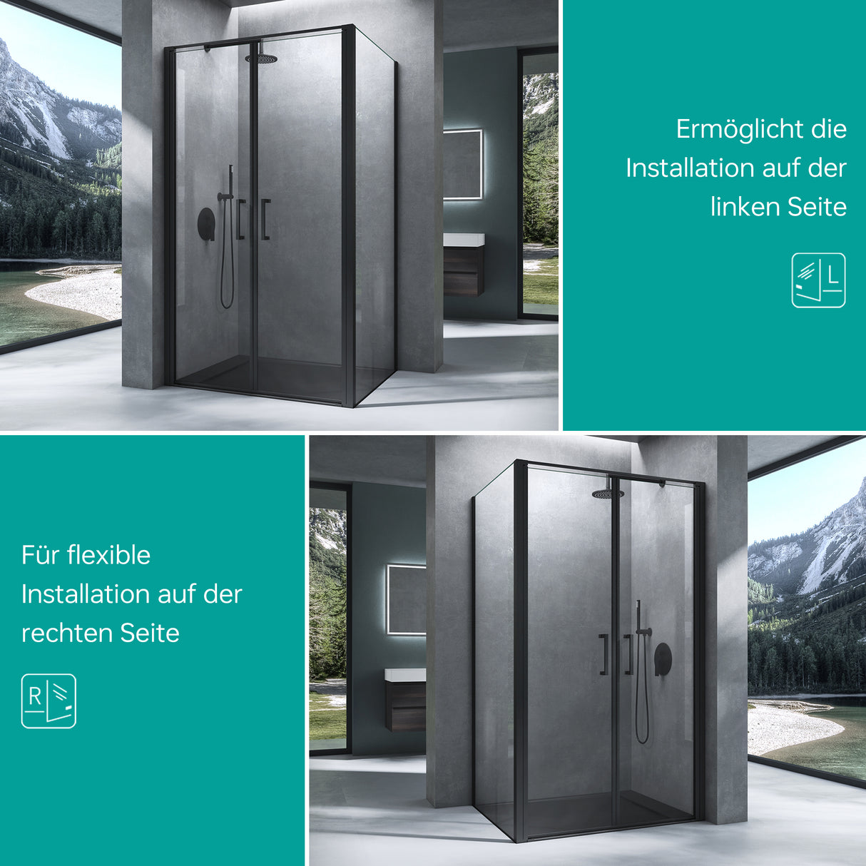 glasvilla Cabina de Ducha Cromo y Negro Separación de Ducha con Puerta Abatible Mecanismo de Elevación y Bajada 8mm Vidrio de Seguridad ESG Recubrimiento Nano Ravenna66K