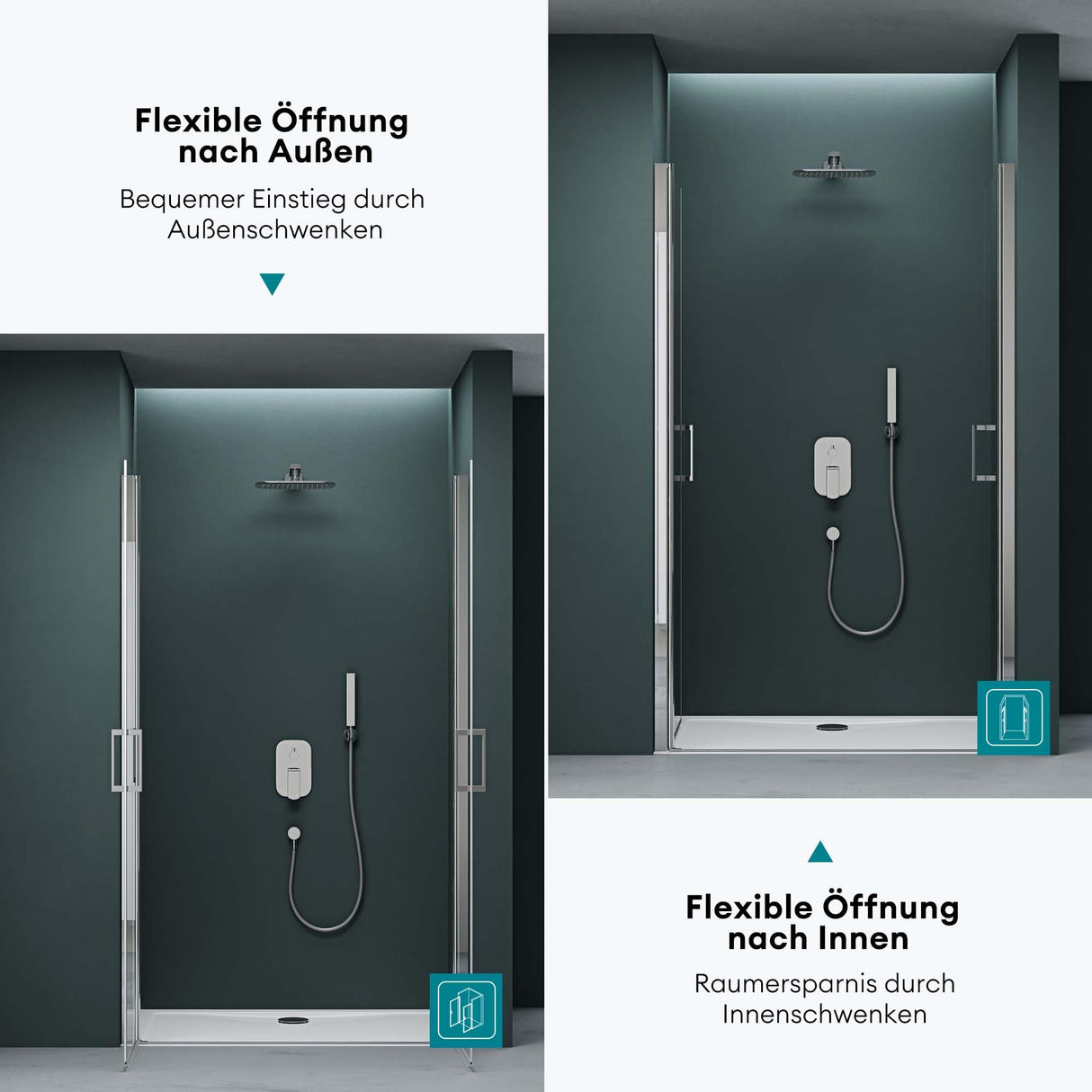 glasvilla Puerta de ducha Puerta de nicho ducha Separación de ducha Cabina de ducha Puerta oscilante 180° Doble puerta 6mm ESG Recubrimiento Nano Vidrio claro/Satinado Rayas/Vollsatiniert con mecanismo de elevación y descenso Teramo24K+MS+VS