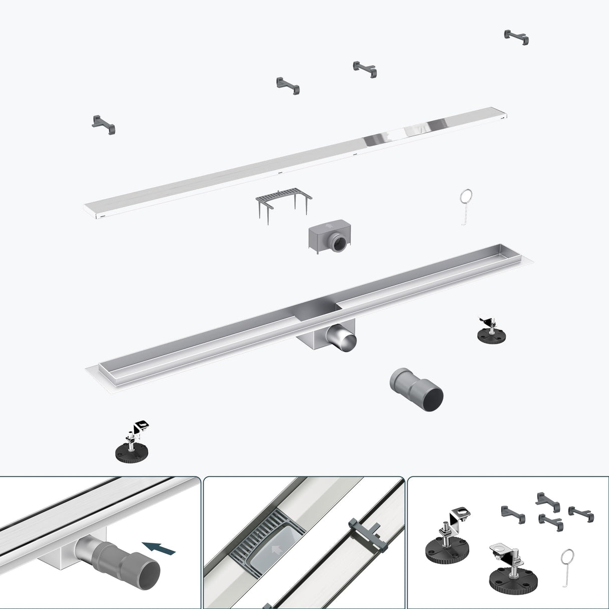 glasvilla Duschrinne desagüe de suelo de acero inoxidable | conjunto completo de canal de desagüe para baño | desagüe apto para azulejos 35L/min | filtro de pelo KE110