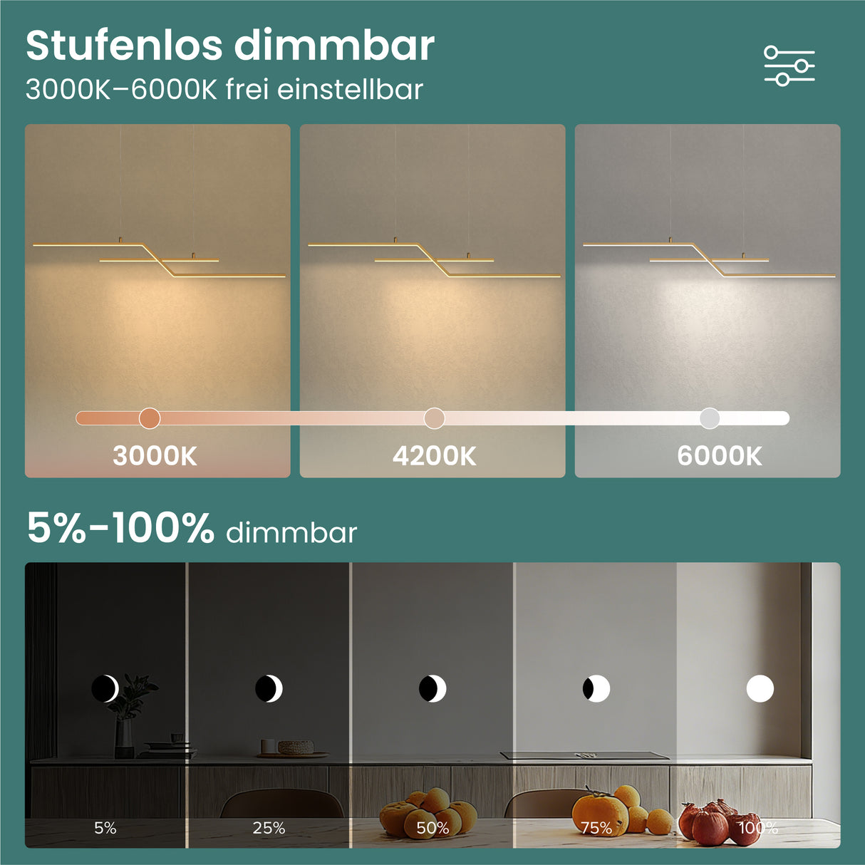 Glasvilla Design – Lámpara colgante LED lineal 105 cm, 3 temperaturas de color 3000K–6000K (18W)
