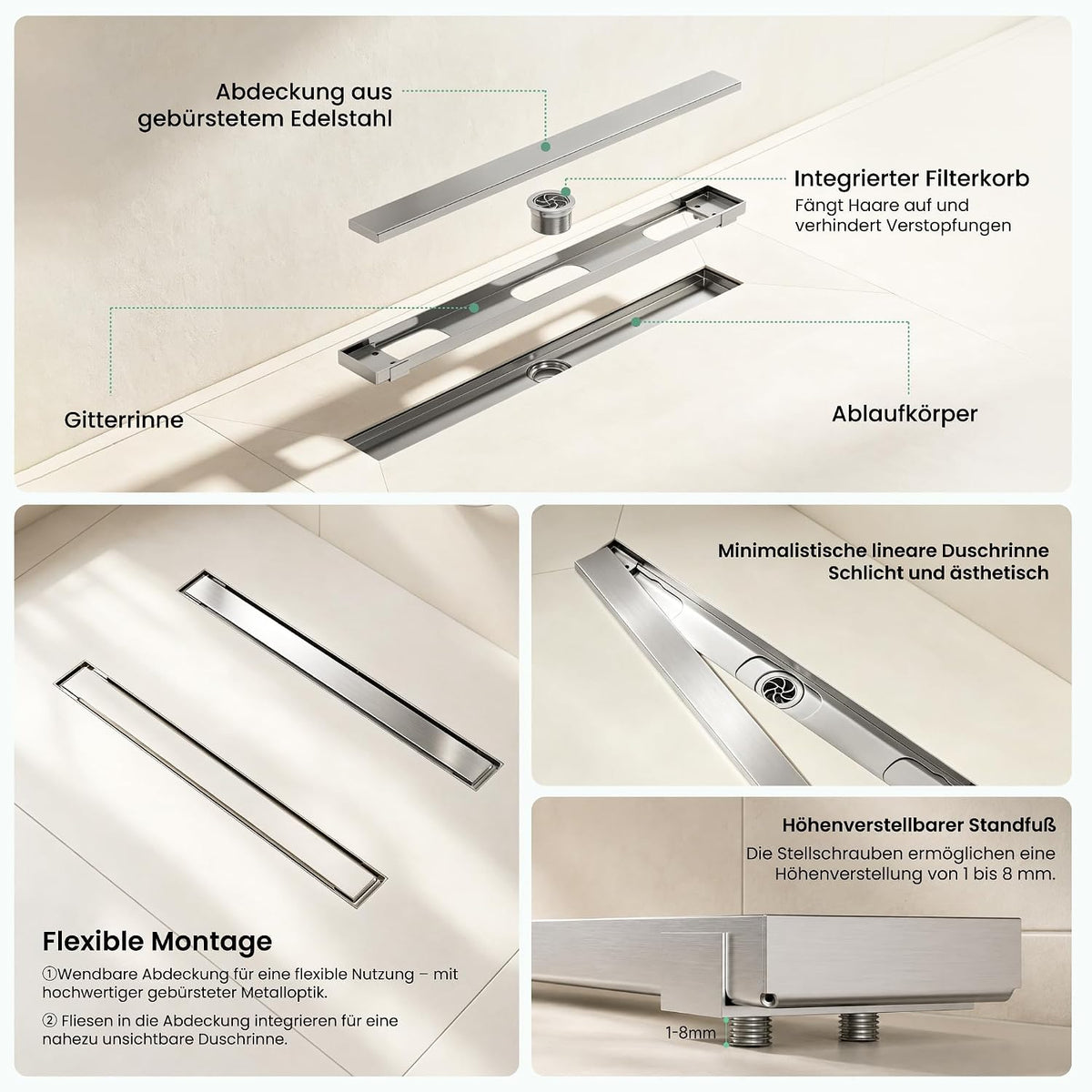 glasvilla Duschwanne inkl. Duschrinne und Ablaufgarnitur Duschtasse bodeneben Gefälleplatte, Duschboard befliesbar Duschelemente, XPS-Duschboard02