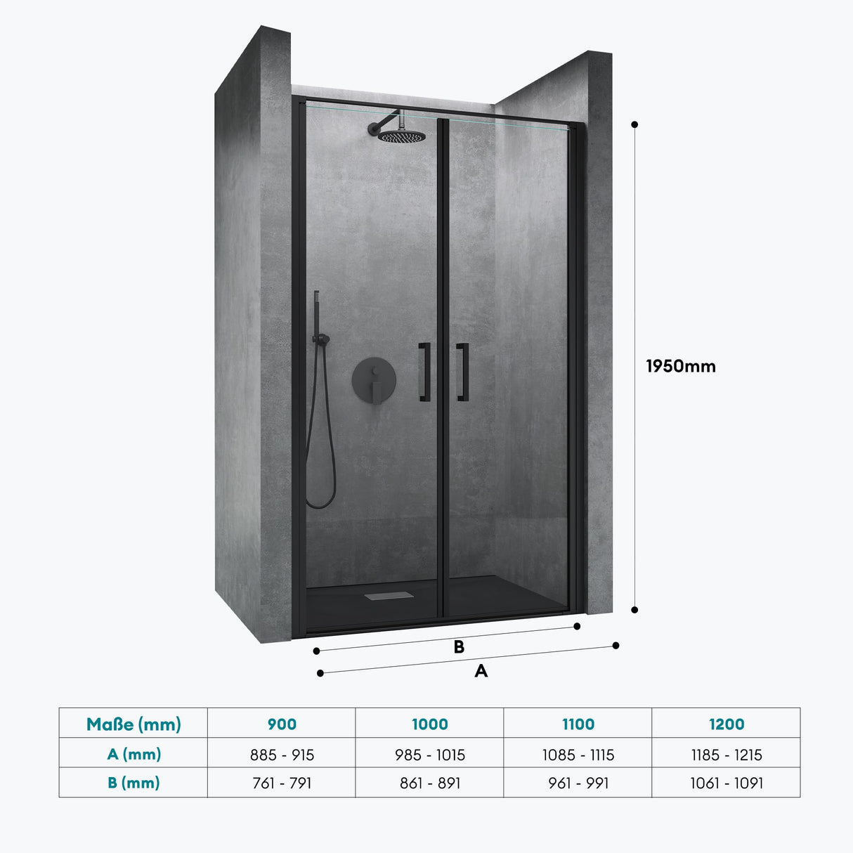 glasvilla Puerta de ducha Puerta de nicho ducha Separación de ducha Cromo y Negro Cabina de ducha Puerta oscilante 180° Doble puerta 8mm ESG Recubrimiento Nano Cristal transparente con mecanismo de elevación y descenso Teramo66