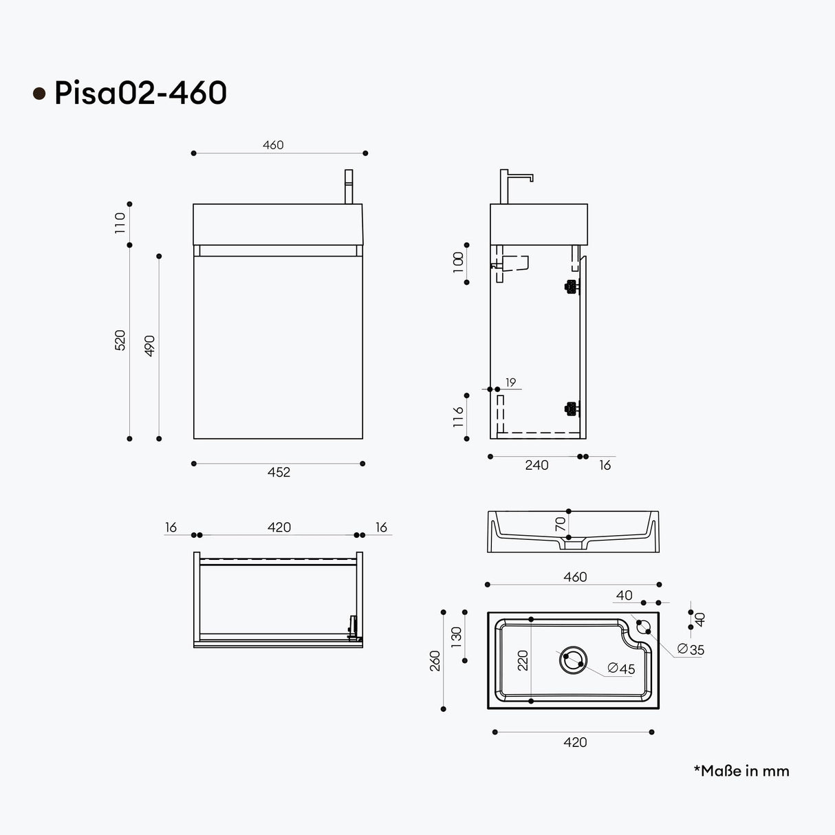 conjunto de muebles de baño glasvilla compuesto por lavabo en antracita mate y mueble bajo lavabo BTH: 46x26x63cm Pisa02