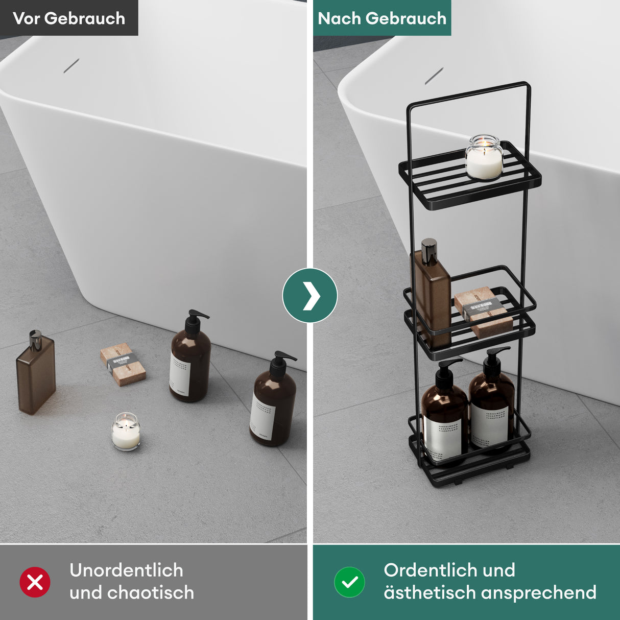 glasvilla Scaffale da Bagno di 3 Livelli 18x12.5x67.3cm, Scaffale Portaoggetti in Metallo Robusto con 4 Piedini Antiscivolo per Doccia, Reglo-02