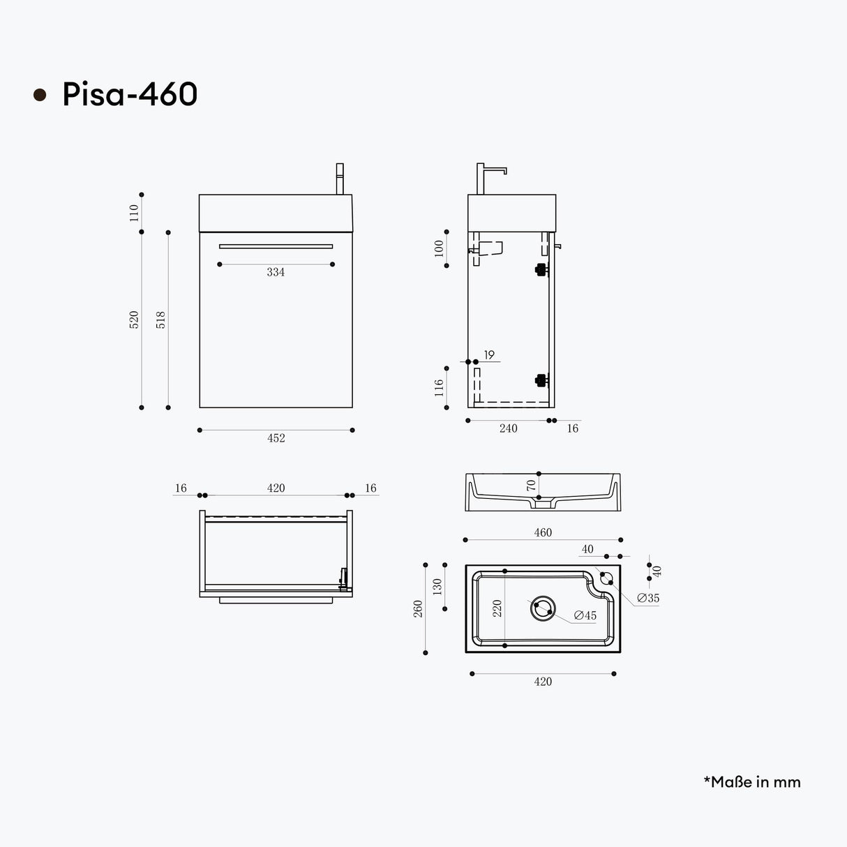 conjunto de muebles de baño glasvilla mueble bajo lavabo incluido lavabo antracita mate y espejo de baño LED BxTxH 46x26x63 cm Pisa