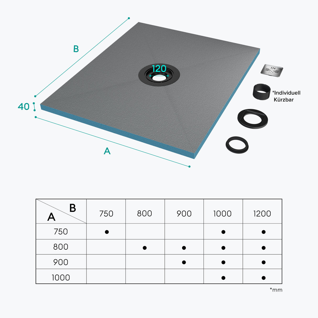 Élément de douche Glasvilla, panneau de douche carrelable, éléments de douche avec caniveaux, receveur de douche affleurant le sol, panneau XPS incliné