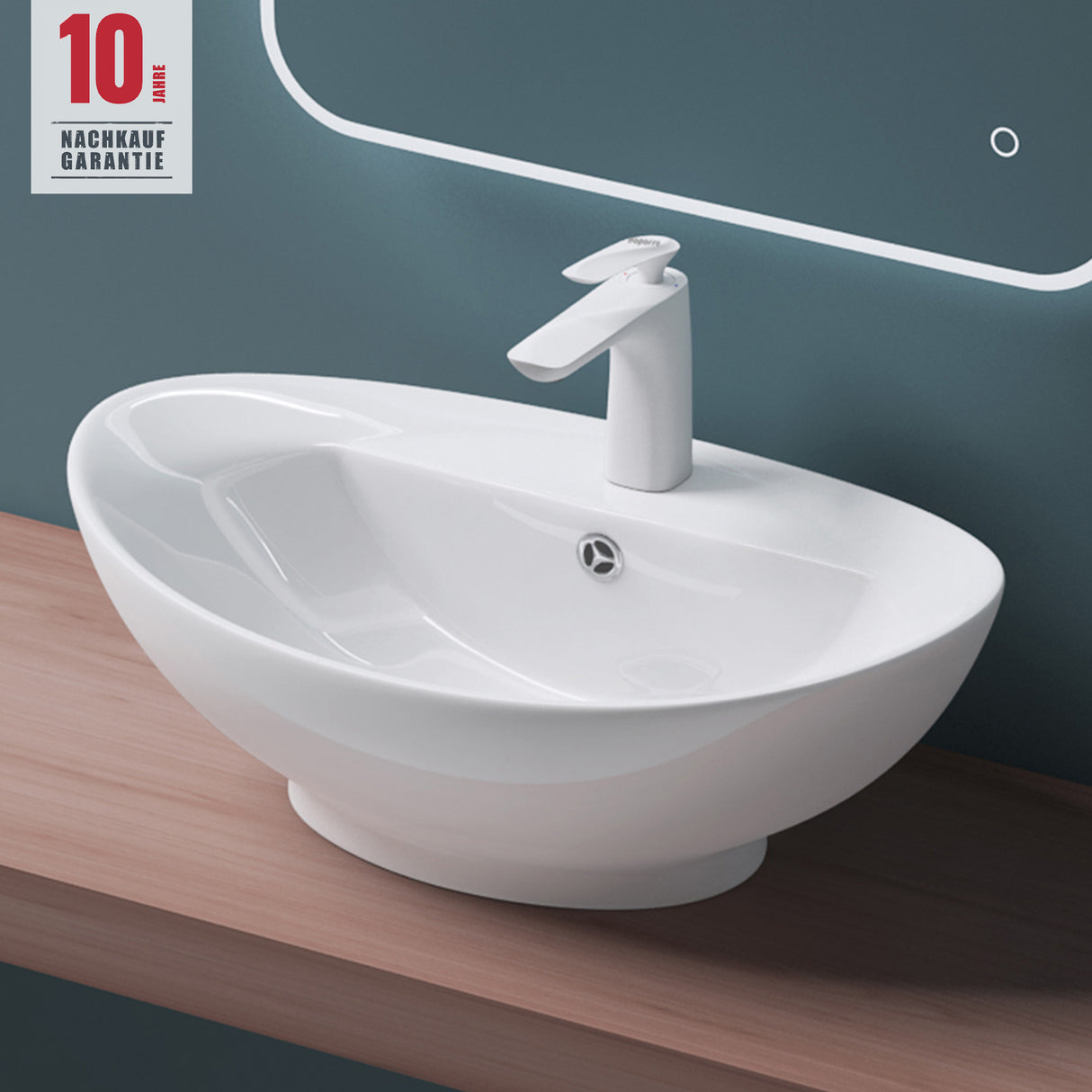 glasvilla Lavabo de encimera, blanco Bruselas302 de cerámica, con recubrimiento Nano