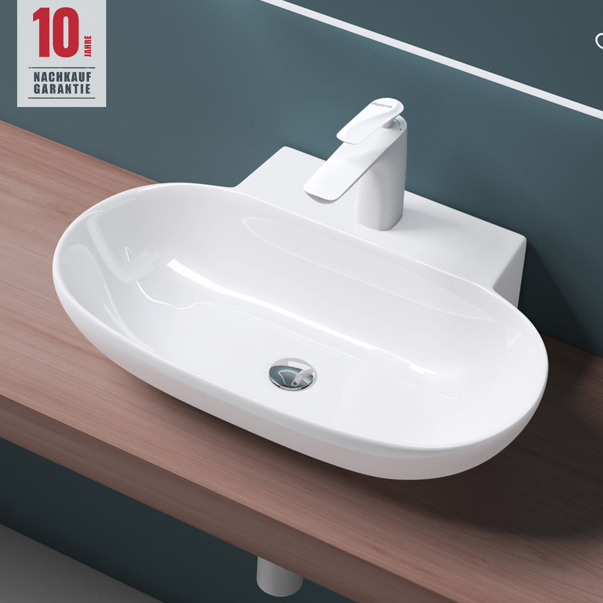 Lavabo Glasvilla da appoggio, lavabo sospeso, LTH: 56x39,5x12,5cm, bianco, in ceramica, con nanorivestimento incluso Brüssel899