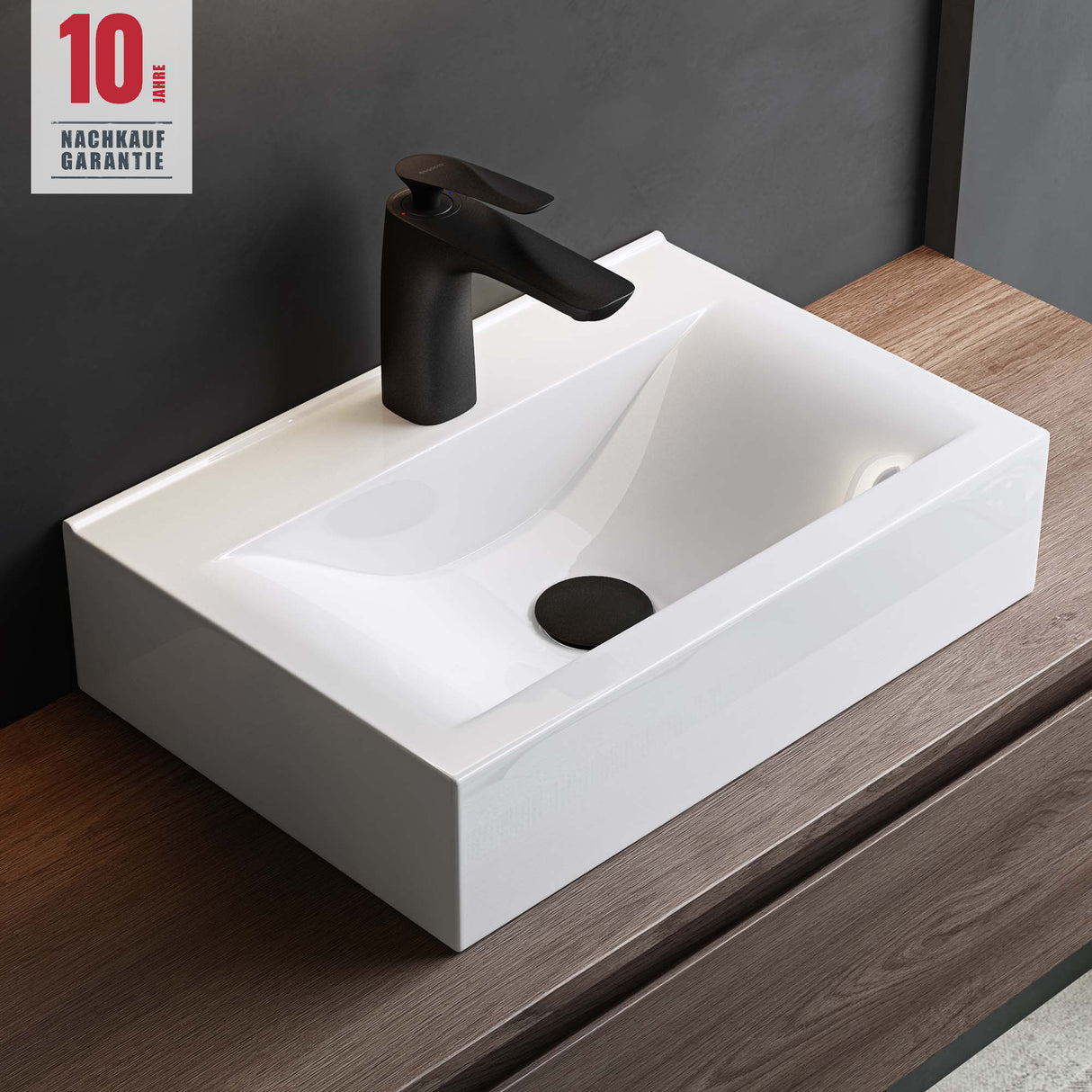 glasvilla lavabo sobre encimera, BTH: 45x30,5x10,5cm, en blanco, de cerámica, cuadrado, con recubrimiento nano/efecto loto Brüssel118c