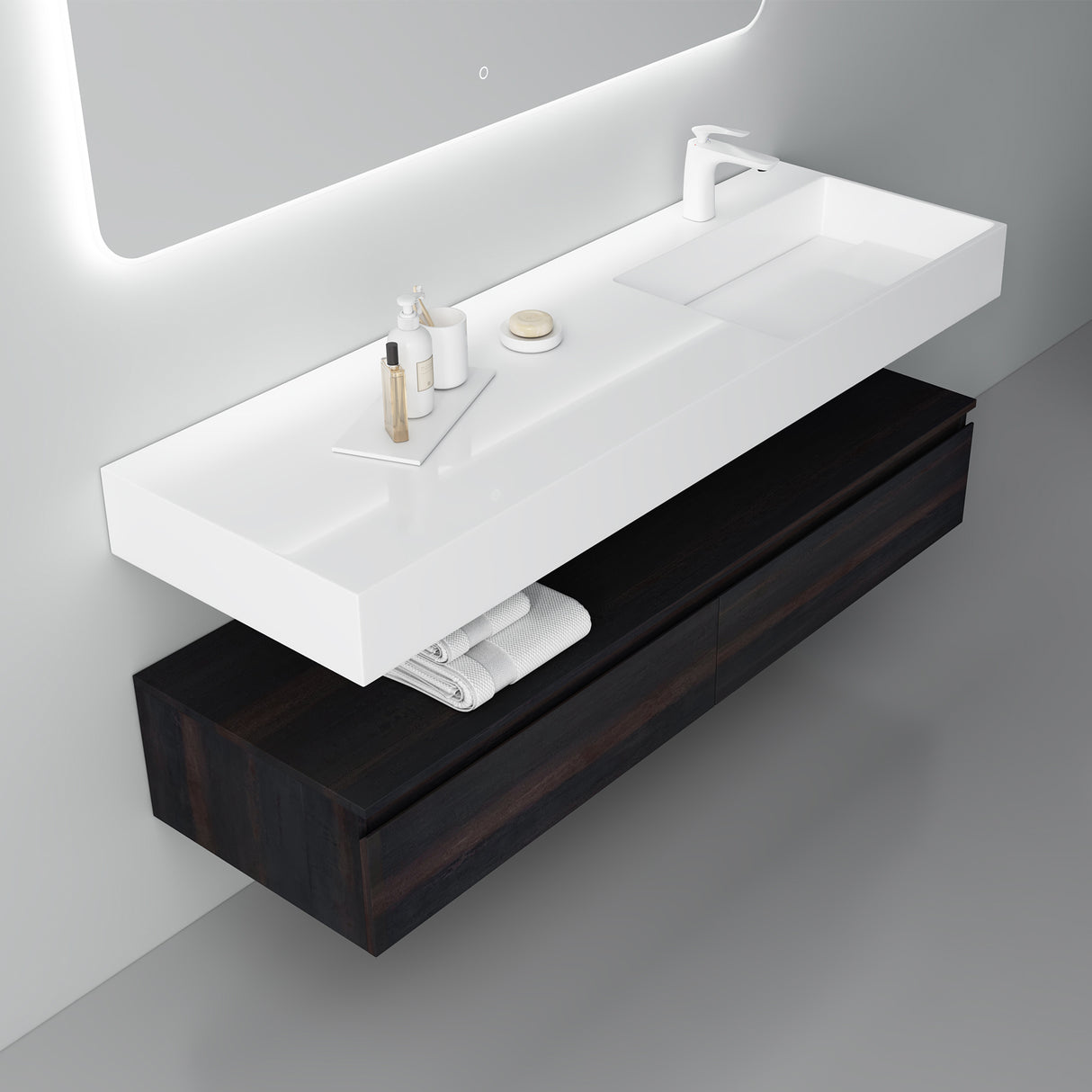 conjunto de muebles de baño glasvilla lavabo con mueble inferior 150x48x25cm con cajones de cierre suave incl. lavabo de mineral fundido UP