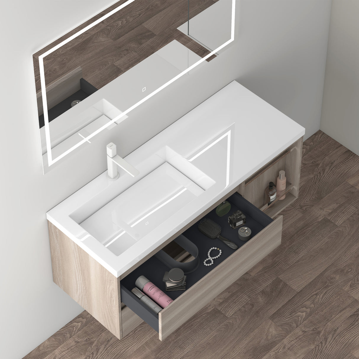 Ensemble de meubles de salle de bains Glasvilla comprenant un meuble vasque avec sous-vasque, meuble sous-vasque en fonte minérale 120 x 46 x 49 cm.