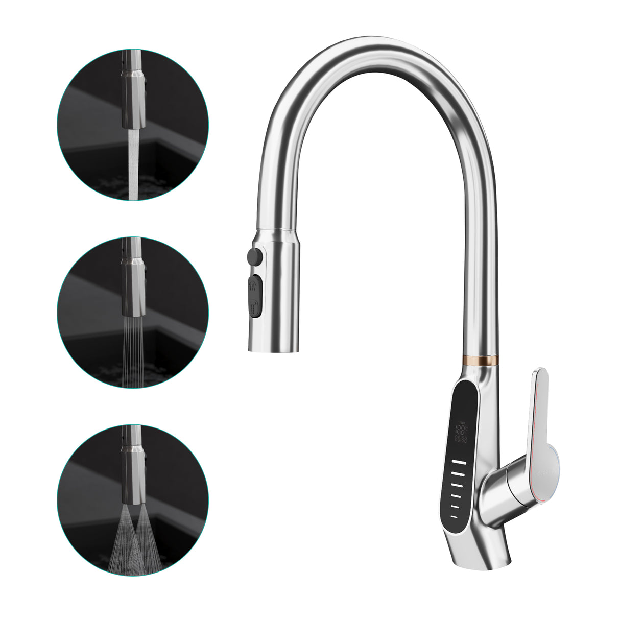 glasvilla Wasserhahn Küche Küchenamatur ausziehbar 360° drehbar 3 Wasserstrahl-Modi LED-Digitalanzeige Küchenwasserhahn Spültischarmatur MS-8085