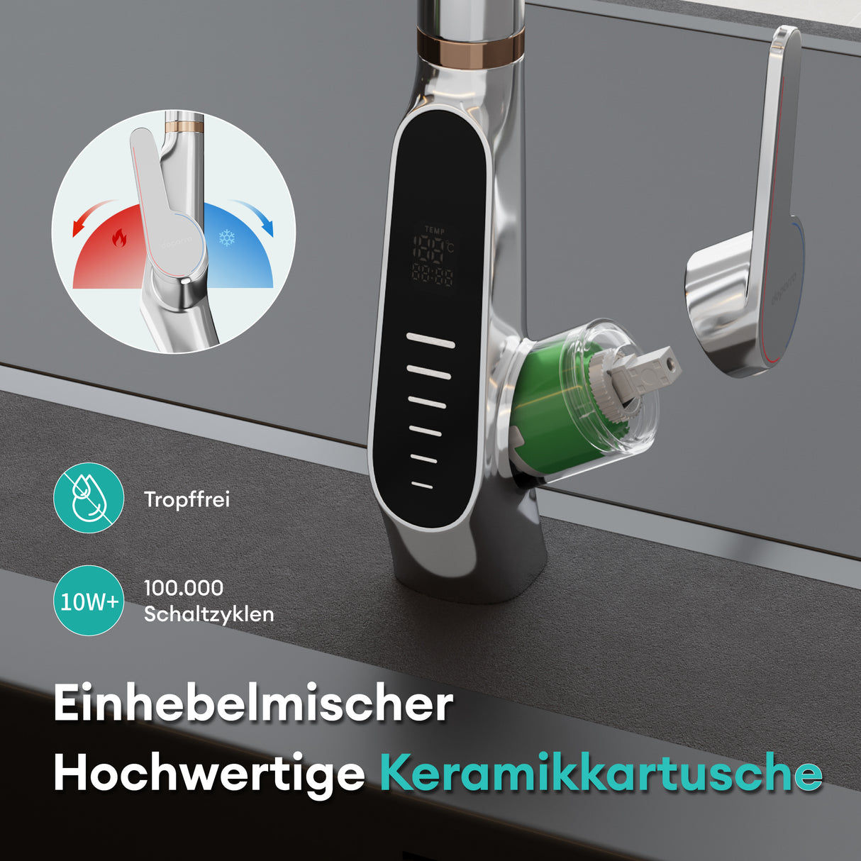 glasvilla Wasserhahn Küche Küchenamatur ausziehbar 360° drehbar 3 Wasserstrahl-Modi LED-Digitalanzeige Küchenwasserhahn Spültischarmatur MS-8085