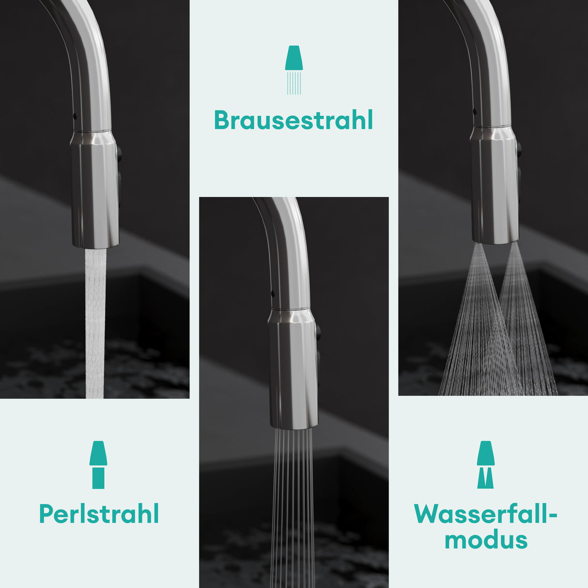 glasvilla Wasserhahn Küche Küchenamatur ausziehbar 360° drehbar 3 Wasserstrahl-Modi LED-Digitalanzeige Küchenwasserhahn Spültischarmatur MS-8085