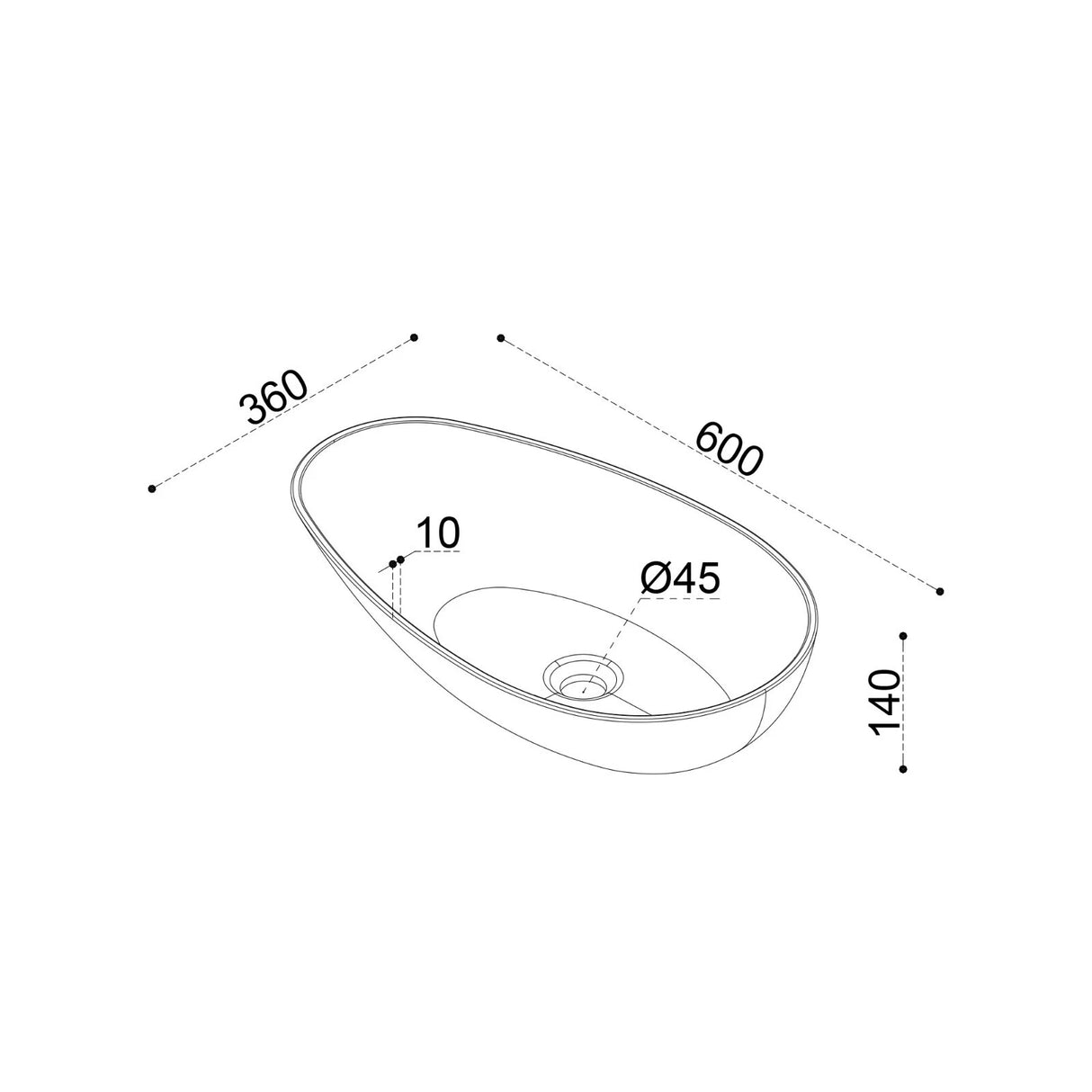 lavabo ovalado de encimera sin orificio para grifo y desagüe Col809