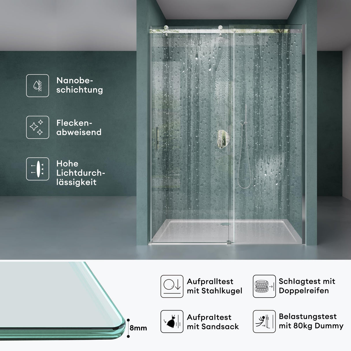 glasvilla Puerta de ducha Puerta de nicho ducha Separación de ducha Cabina de ducha vidrio de seguridad de 8mm con recubrimiento nano Puerta corredera Altura: 195cm Teramo04