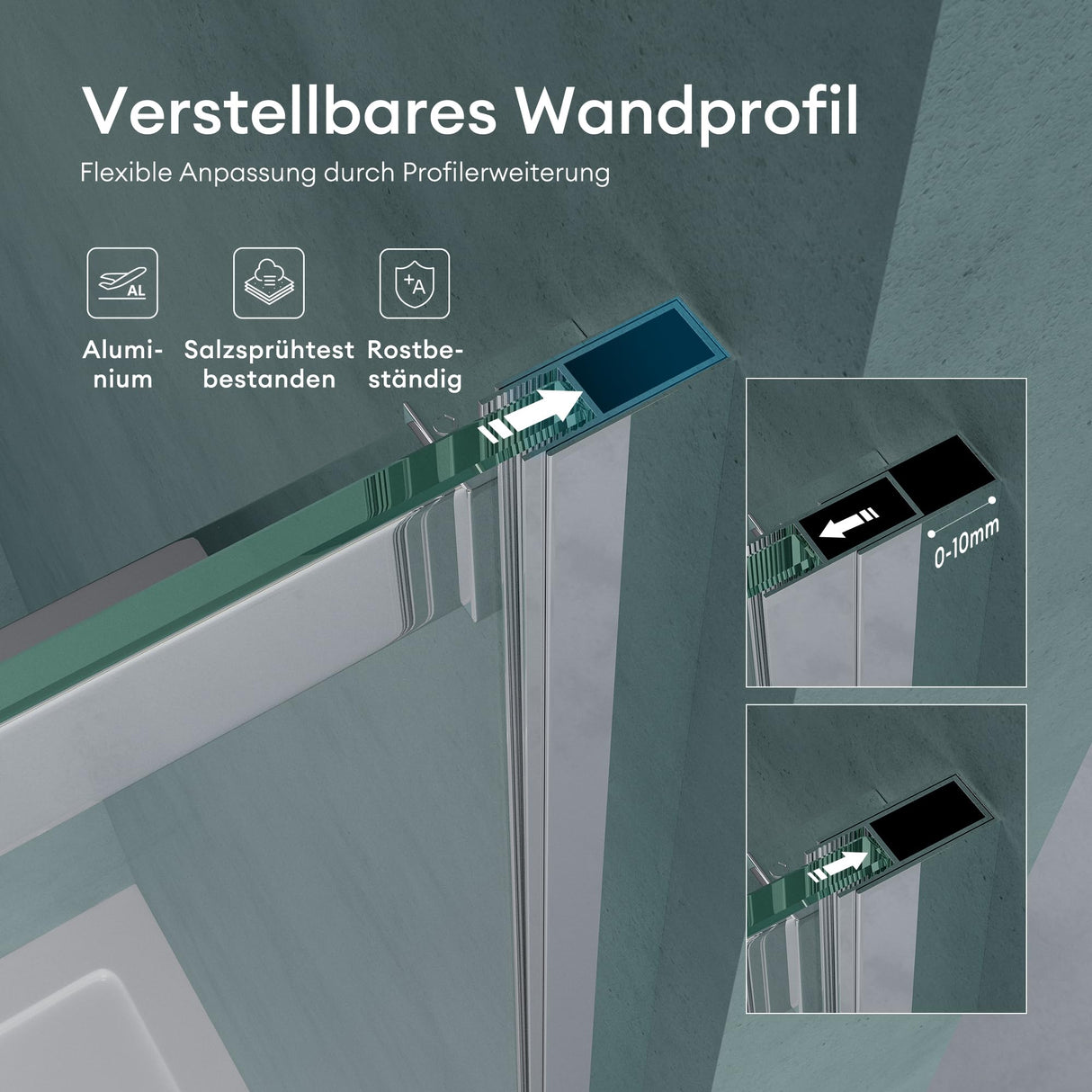 glasvilla Puerta de ducha Puerta de nicho ducha Separación de ducha Cabina de ducha vidrio de seguridad de 8mm con recubrimiento nano Puerta corredera Altura: 195cm Teramo04