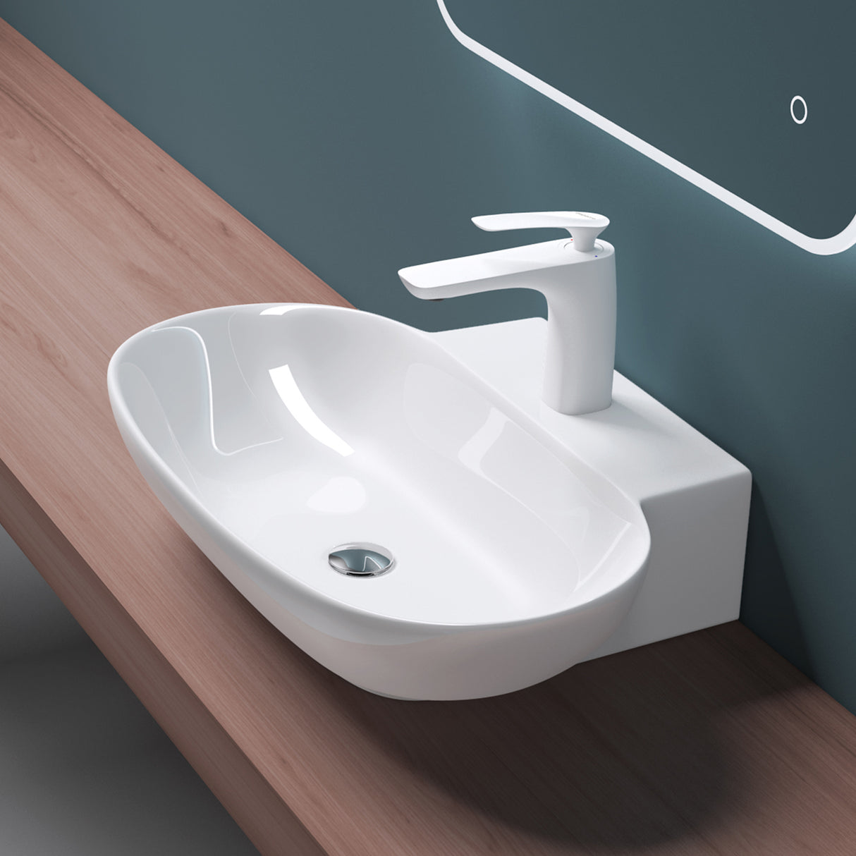 Lavabo Glasvilla da appoggio, lavabo sospeso, LTH: 56x39,5x12,5cm, bianco, in ceramica, con nanorivestimento incluso Brüssel899