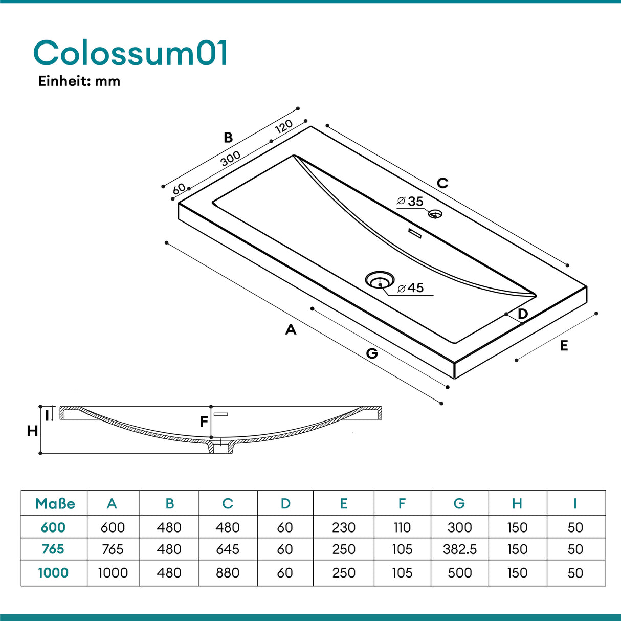 Lavabo Glasvilla, vasque encastrée, meuble-lavabo, en fonte minérale, rectangulaire, 1 trou de robinetterie, avec trop-plein, Col01