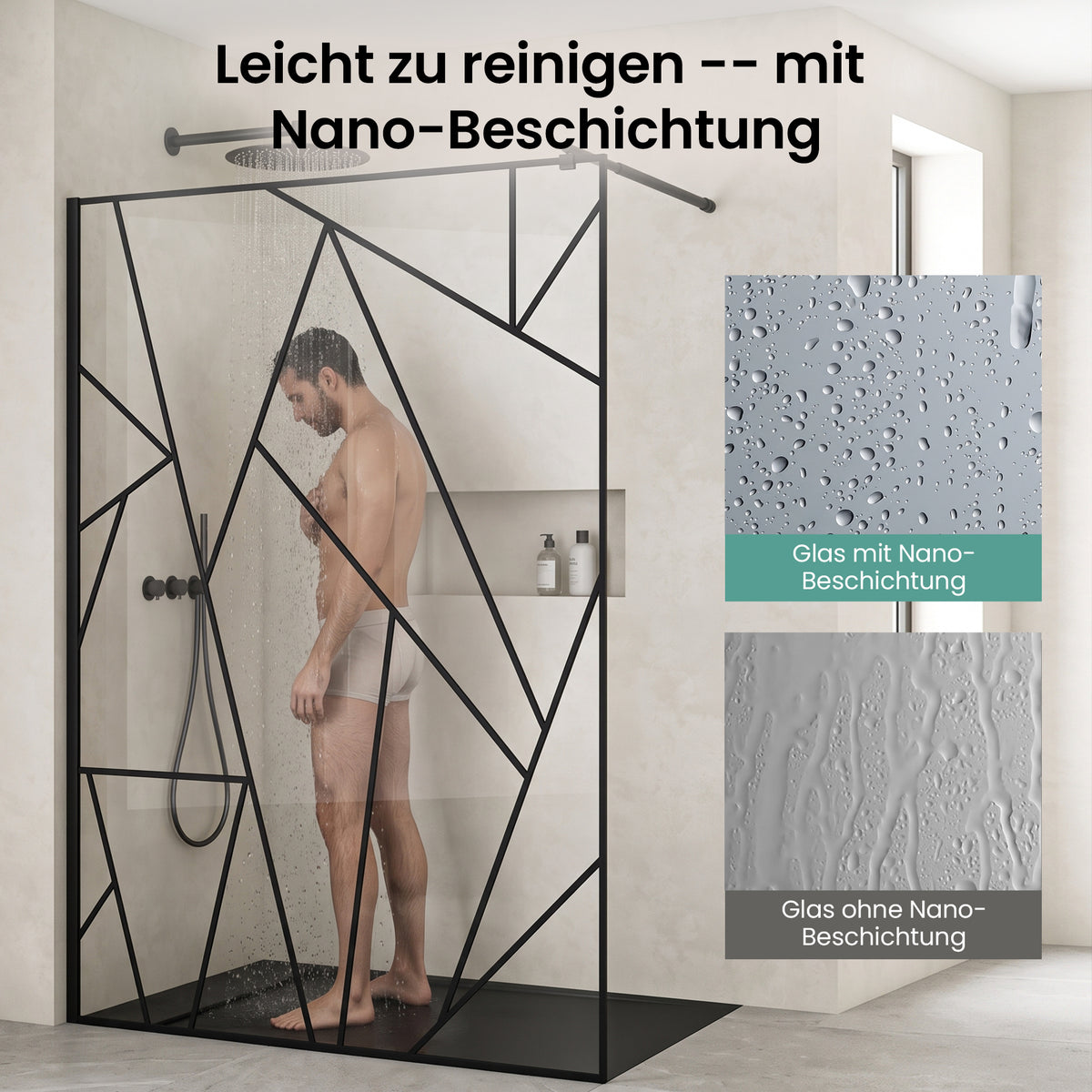 glasvilla Duschwand für Dusche Duschabtrennung Walk-In Dusche Duschtrennwand Schwarz 8mm ESG-Sicherheitsglas NANO Klarglas mit geometrischem Design MMBR3 Bremen01Plus-GM