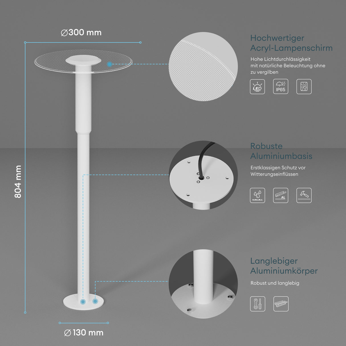 glasvilla Lampione da Giardino ⌀300xH804mm IP65 Luminoso da Giardino 3000K| Lampada da Terra per Esterni 6W Paletti Esterni per Giardini, Parchi, Aree Residenziali e Ingressi StellaeLights