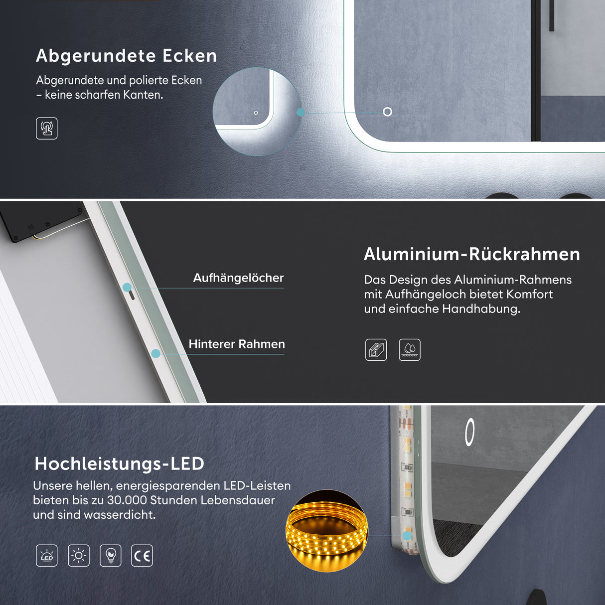 glasvilla Espejo de pared Espejo de baño LED Espejo de baño con interruptor táctil, libre de vaho gracias a la capa antifog