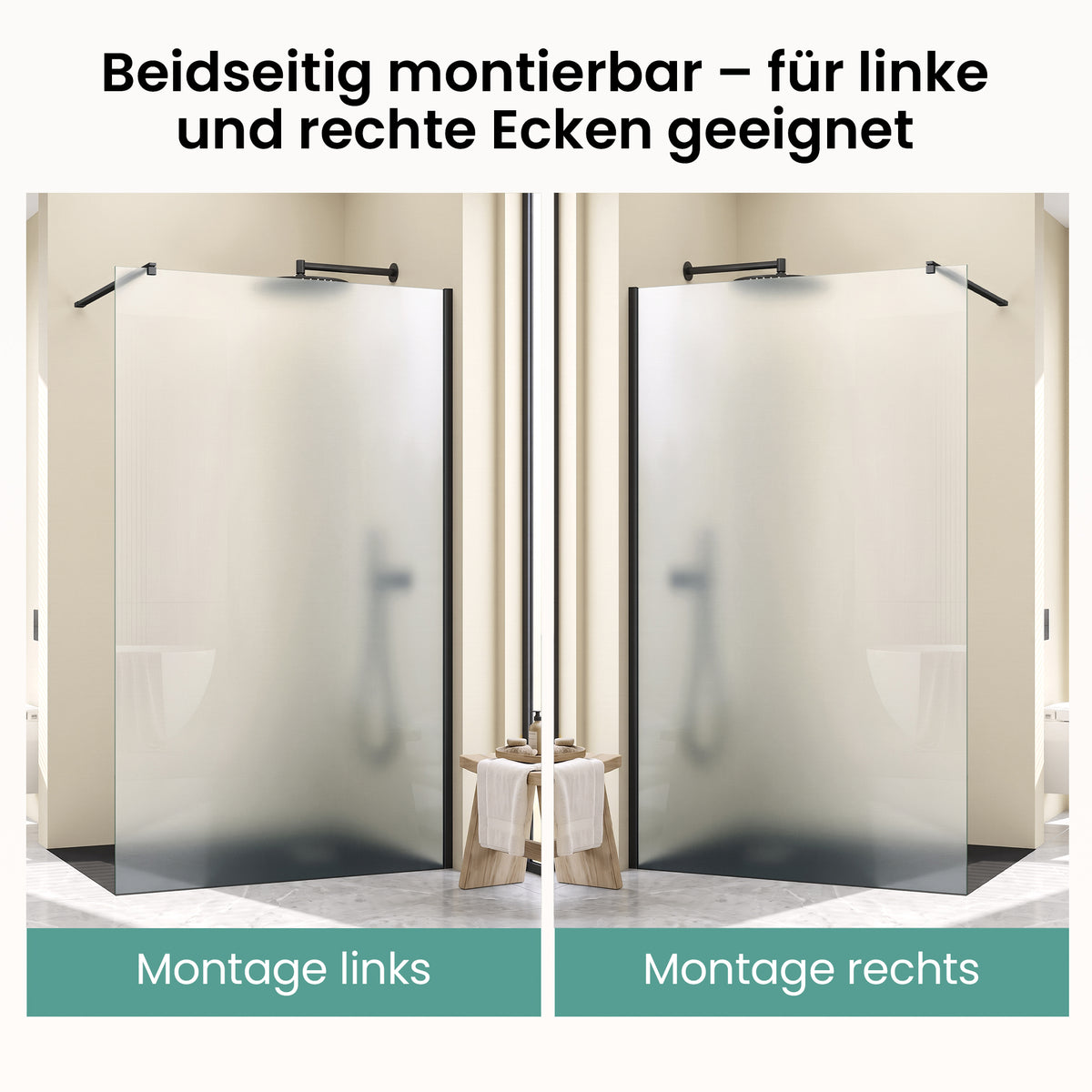 glasvilla Duschwand für Dusche Duschabtrennung Walk-In Dusche Duschtrennwand Schwarz 10mm ESG-Sicherheitsglas NANO Glas Vollsatiniert BRAM1/BRAM3 Bremen02VS