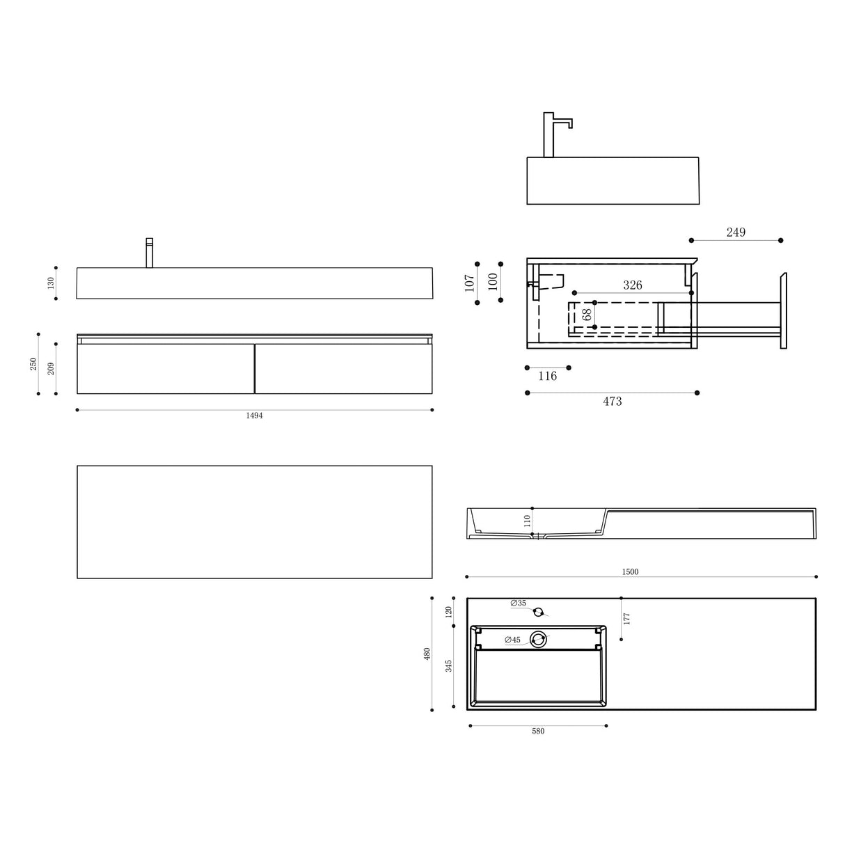 conjunto de muebles de baño glasvilla lavabo con mueble inferior 150x48x25cm con cajones de cierre suave incl. lavabo de mineral fundido UP