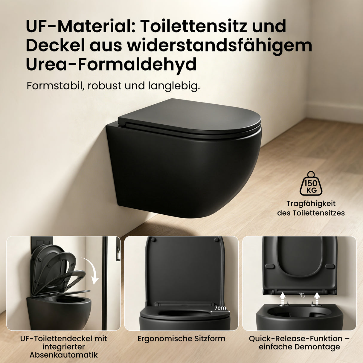 Glasvilla Design Inodoro Suspendido Negro Sin Borde Aachen179 – WC con Asiento Soft-Close