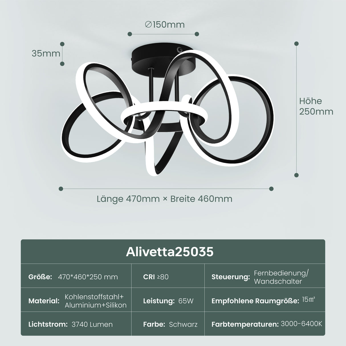 glasvilla LED Deckenleuchte Deckenlampe mit Fernbedienung, Stufenlos dimmbar 3000-6400K, flimmerfreie Zimmerlampe 65W Schwarz für Schlafzimmer, Wohnzimmer, Arbeitszimmer, Flur