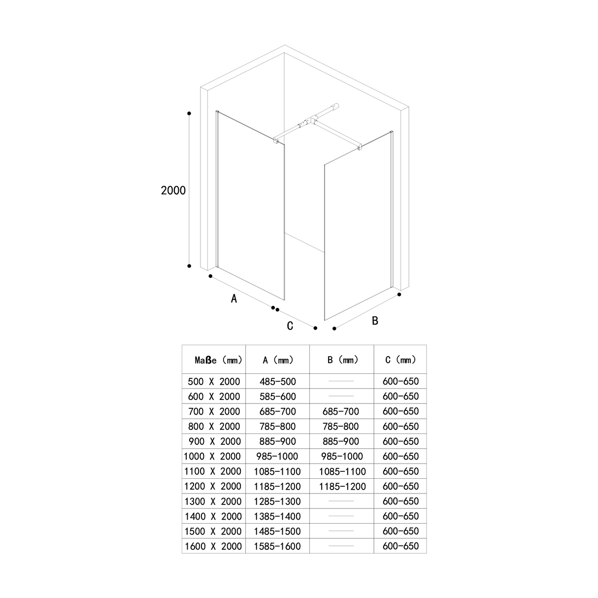 Paroi de douche Glasvilla, cabine de douche avec 2 panneaux latéraux fixes, verre trempé de sécurité 8 mm, douche à l'italienne, verre clair, nano-revêtement, Bremen01K/MS-T