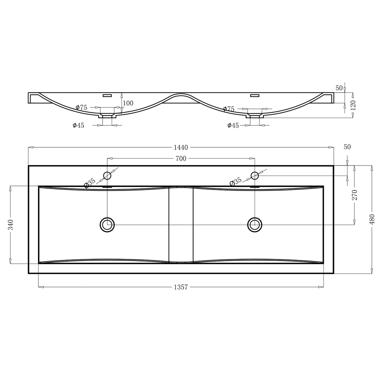 glasvilla lavabo de encastre lavabo 2 tinas mineral de resina rectangular 2 orificios para grifos función de desbordamiento Col03
