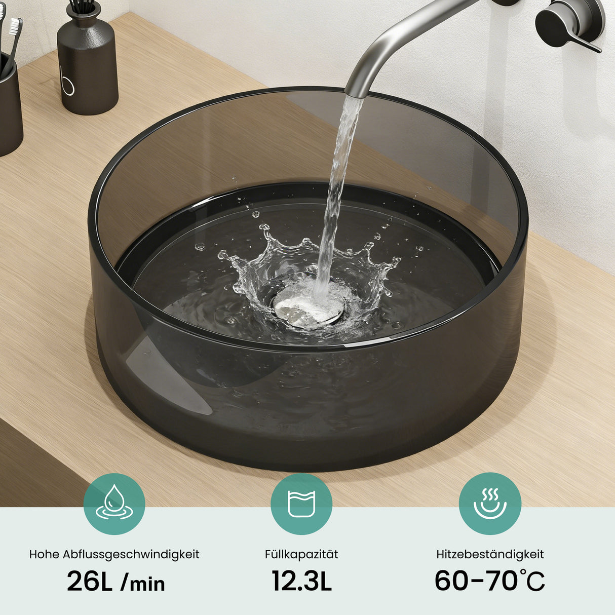 glasvilla Lavabo da Appoggio in Resina, Lavabo da Bagno senza Foro Rubinetto e Troppopieno, Coloria01