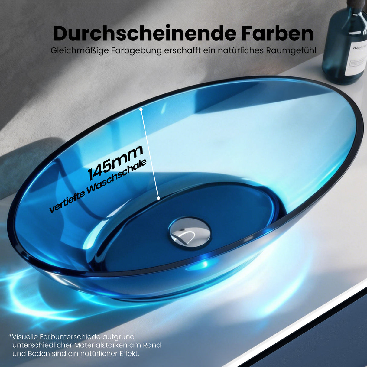 glasvilla Lavabo da Appoggio in Resina 63x34x17cm, Lavabo da Bagno Ovale senza Foro Rubinetto e Troppopieno, Coloria02