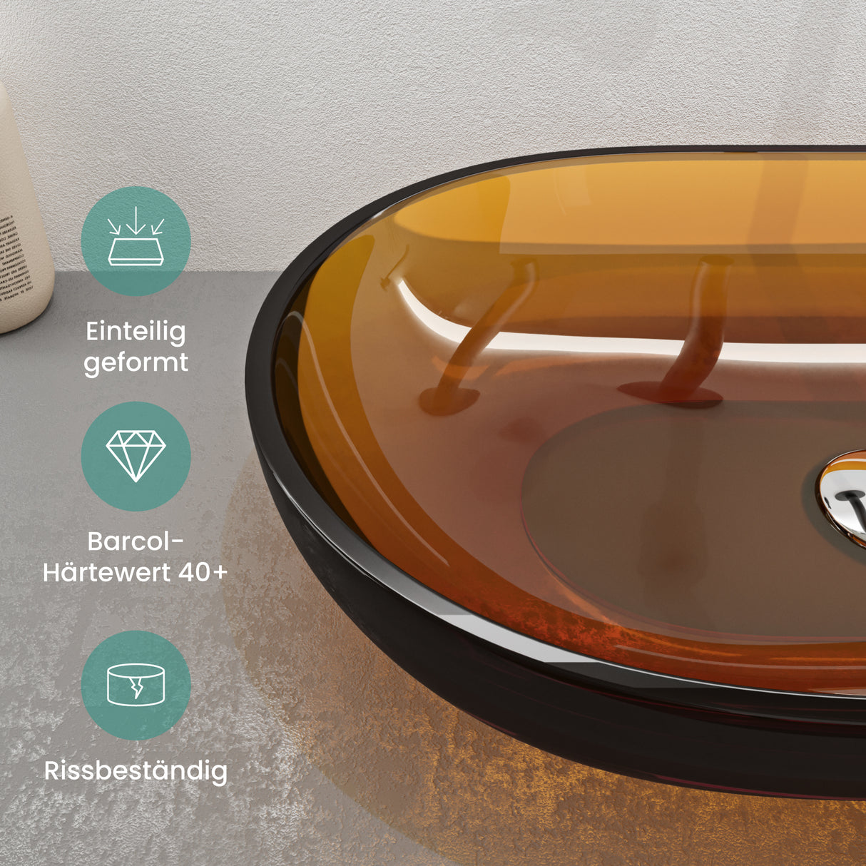 glasvilla Lavabo da Appoggio in Resina 54x34x10.5cm, Lavabo da Bagno Ovale senza Foro Rubinetto e Troppopieno, Coloria03