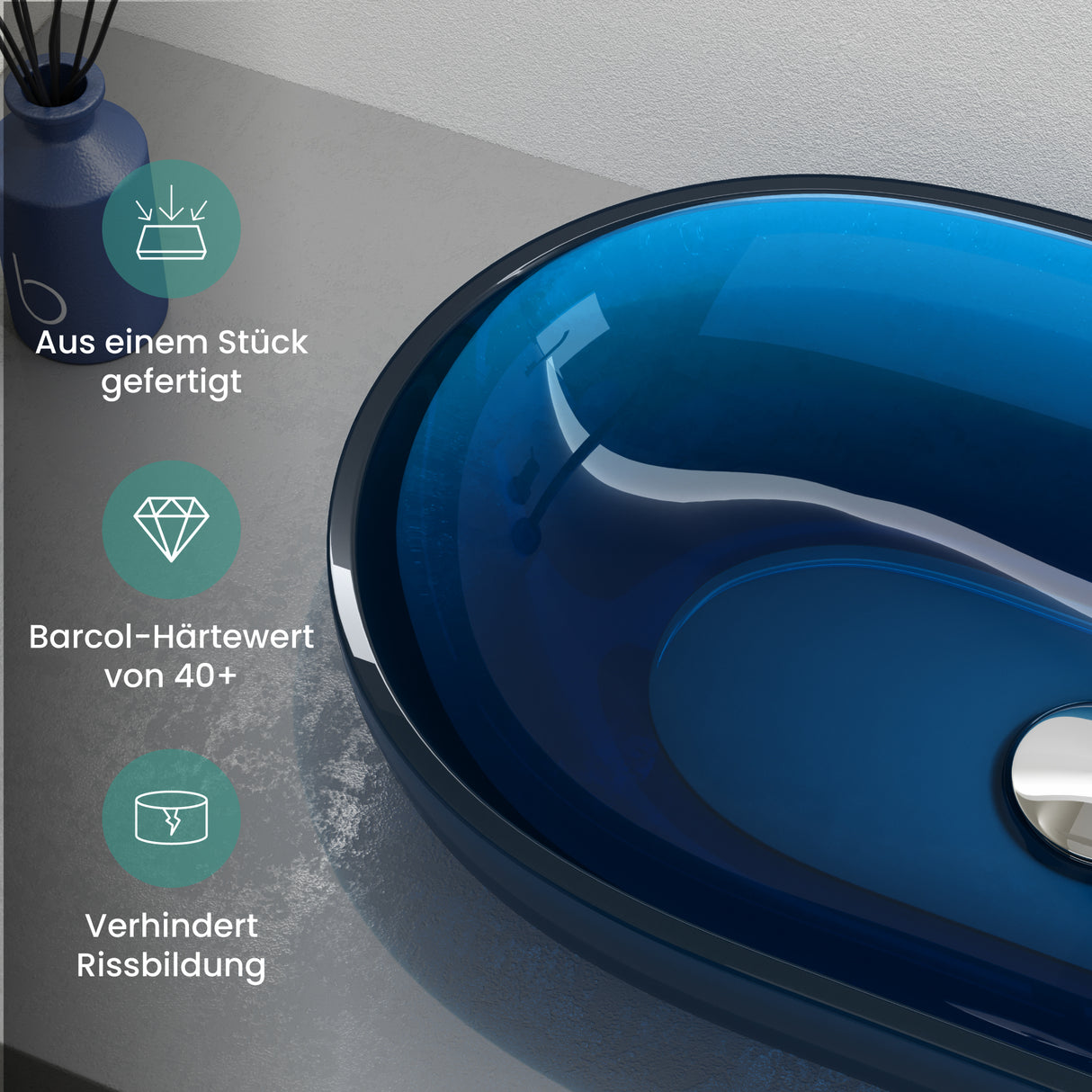 glasvilla Lavabo da Appoggio in Resina 54x34x10.5cm, Lavabo da Bagno Ovale senza Foro Rubinetto e Troppopieno, Coloria03