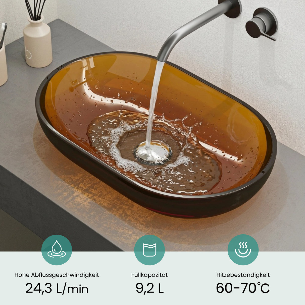 glasvilla Lavabo da Appoggio in Resina 54x34x10.5cm, Lavabo da Bagno Ovale senza Foro Rubinetto e Troppopieno, Coloria03