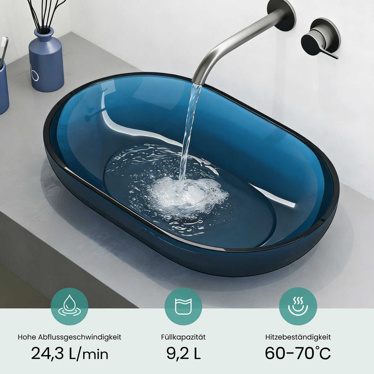 glasvilla Lavabo da Appoggio in Resina 54x34x10.5cm, Lavabo da Bagno Ovale senza Foro Rubinetto e Troppopieno, Coloria03