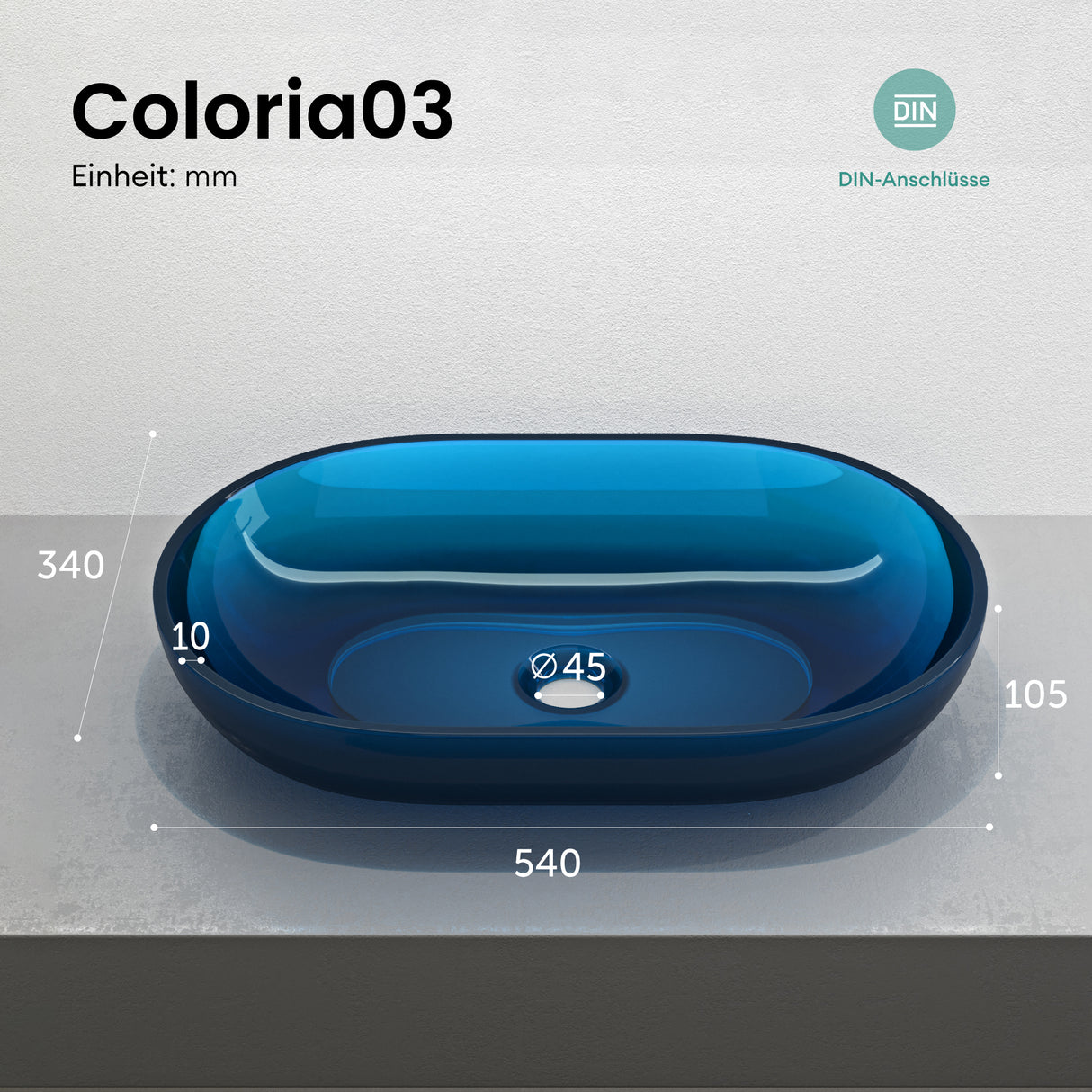 glasvilla Lavabo da Appoggio in Resina 54x34x10.5cm, Lavabo da Bagno Ovale senza Foro Rubinetto e Troppopieno, Coloria03