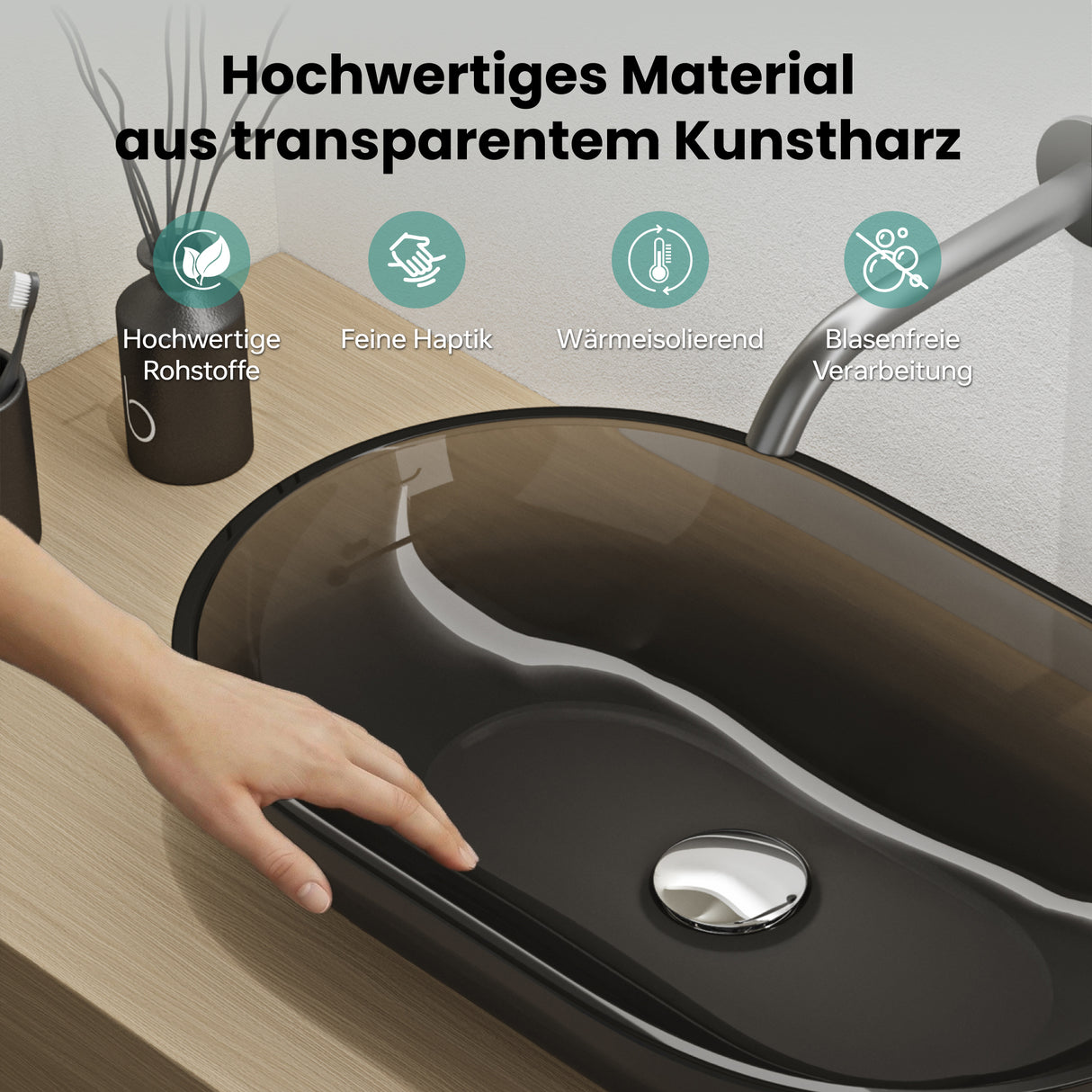 glasvilla Lavabo da Appoggio in Resina 54x34x10.5cm, Lavabo da Bagno Ovale senza Foro Rubinetto e Troppopieno, Coloria03