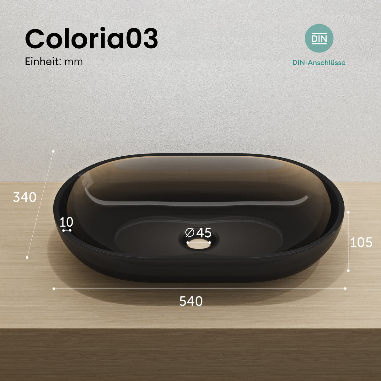 glasvilla Lavabo da Appoggio in Resina 54x34x10.5cm, Lavabo da Bagno Ovale senza Foro Rubinetto e Troppopieno, Coloria03