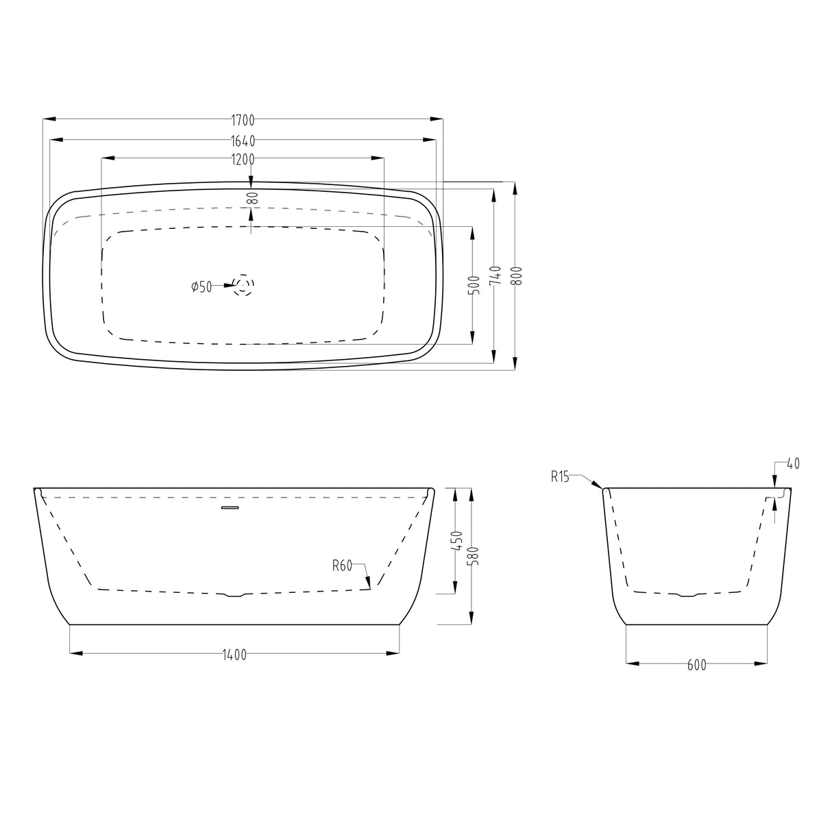 glasvilla Bañera Independiente Rectangular Acrílico Sanitario con Grifería Bañera de Pie